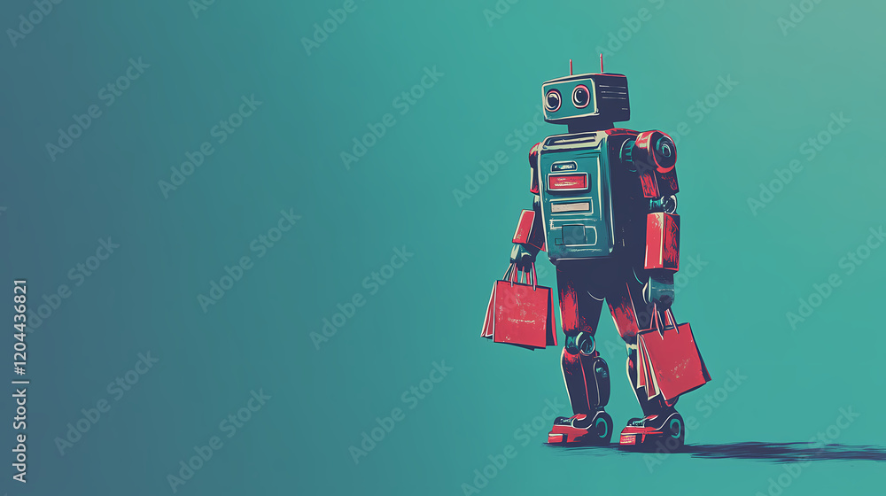 Obraz premium Blue and red vintage robot walking and carrying a shopping bag. Vintage Robot. Illustration
