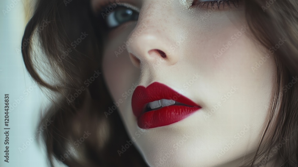 Closeup of Stunning Brunette with Red Lips and Bright Background Closeup of Stunning Brunette with Red Lips and Bright Background