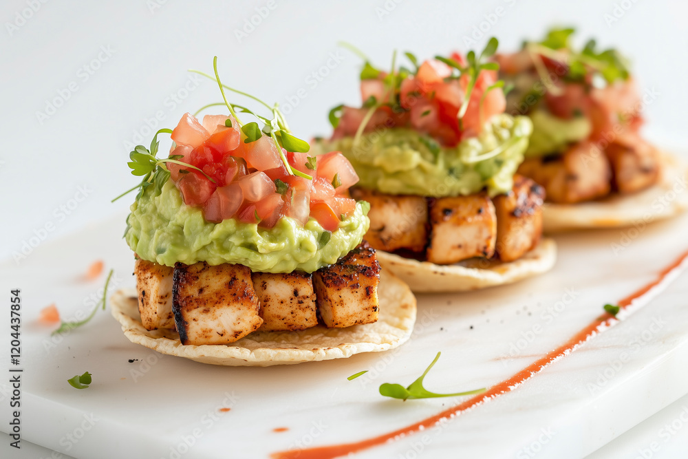 Minimalist stacked chicken tacos with guacamole Minimalist stacked chicken tacos with guacamole
