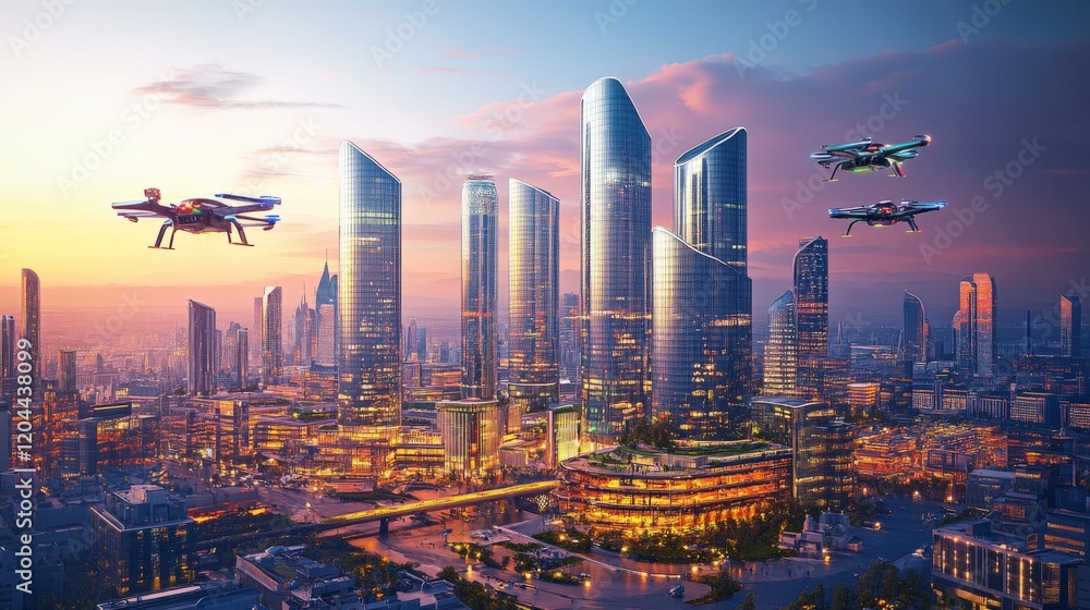 Fototapeta premium Drones flying over a futuristic city skyline at sunset