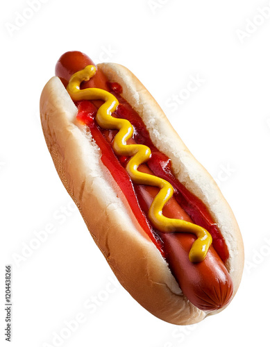 Juicy hot dog with a drizzle of ketchup and mustard, transparent background photo