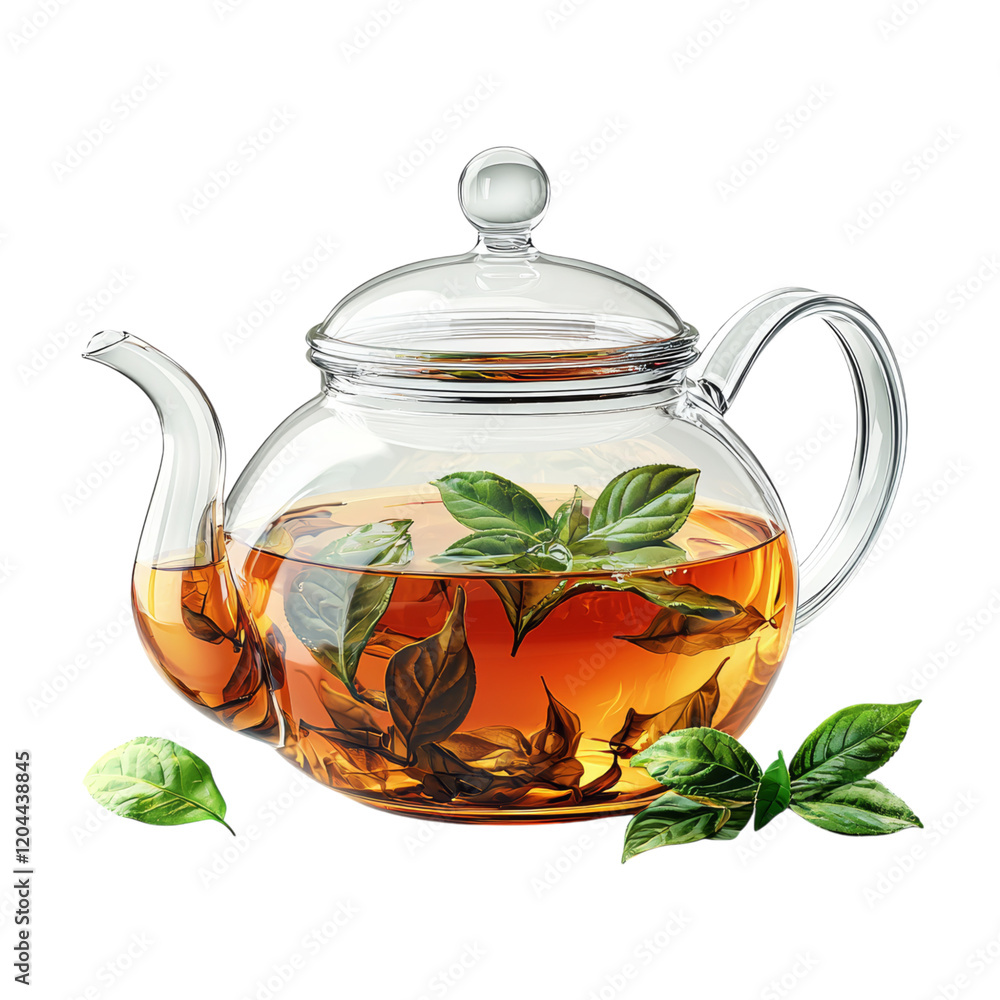 Glass Teapot with Fresh Tea and Leaves Isolated on transparent background Glass Teapot with Fresh Tea and Leaves Isolated on transparent background