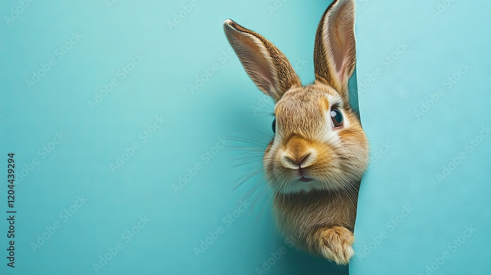 A rabbit with Easter eggs peeking over a pastel bright background, ideal for advertisements, banners, or cards, with space for copy text A rabbit with Easter eggs peeking over a pastel bright background, ideal for advertisements, banners, or cards, with space for copy text