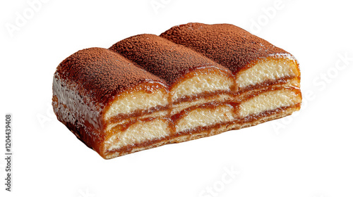 This image shows a delectable layered cake with a glossy, caramel-like top. The texture appears soft and inviting, perfect for indulging. Enjoy this dessert! photo