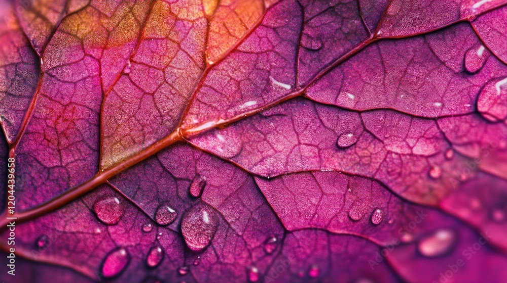 Fototapeta premium Close-up of a vibrant pink leaf with water droplets, showcasing intricate vein patterns and textures.