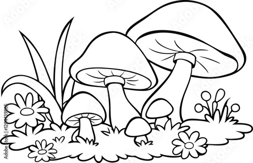 Flowering Plant and Mushrooms Line Art Book Illustration for Nature Lovers