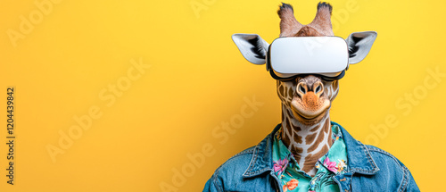 Giraffe with VR Headset on Yellow Background: Funny Animal with Virtual Reality Headset and Hawaiian Jeans Shirt on Vibrant Yellow Backdrop - Banner with Copy Space