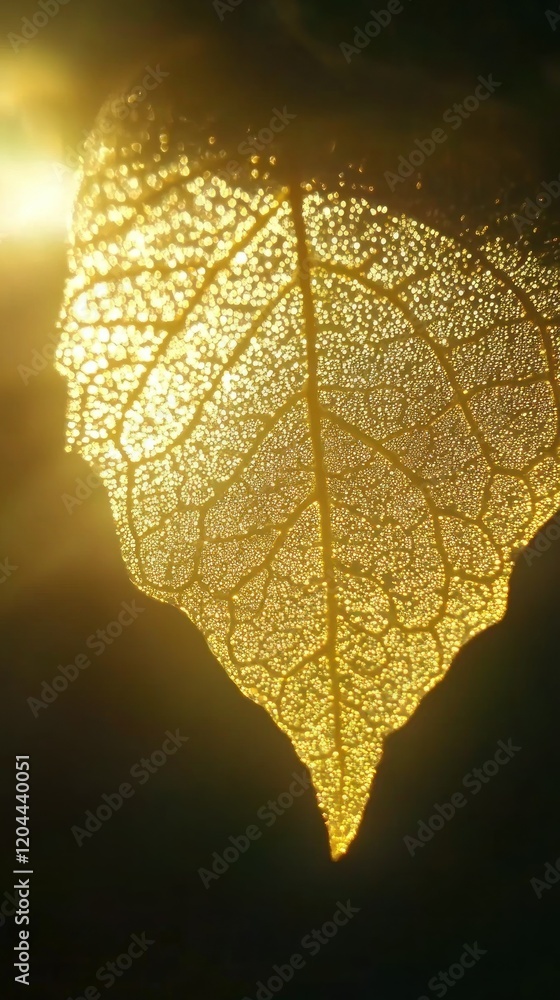 Obraz premium Golden backlit leaf, intricate veins visible, nature detail.
