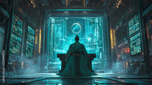 Jade emperor as a supreme ai overlord, monitoring the cosmic balance from a digital throne in the celestial cyber palace. Cyber Palace. Illustration photo