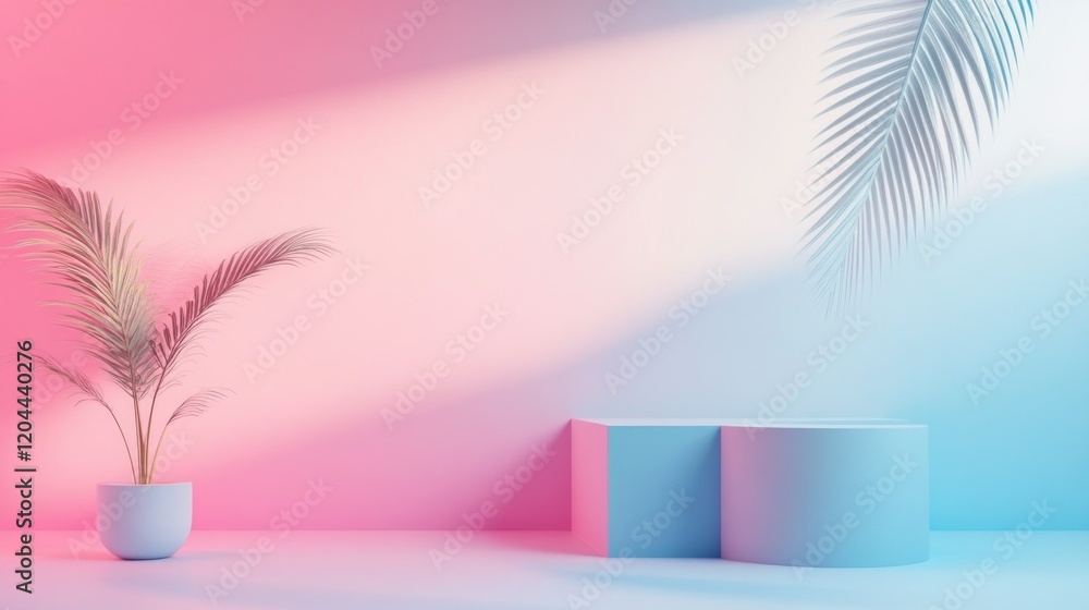 Obraz premium Pastel pink and blue room with plant and podium.