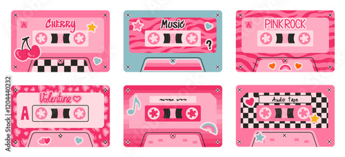 Set of six retro-style cassette tape designs in shades of pink with themes like cherries, checkerboard, zebra print, and hearts. Perfect for nostalgic, music-inspired, and Valentine’s Day projects.