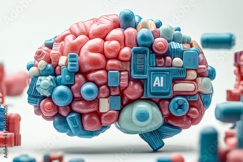 Playful illustration of an AI brain designed with pills, capsules, and medical symbols, exploring the intersection of artificial intelligence and healthcare photo