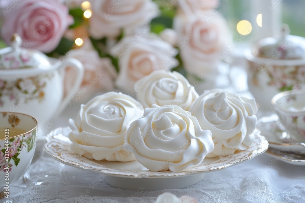 Elegant tea setting with rose-shaped meringues and floral decor Elegant tea setting with rose-shaped meringues and floral decor