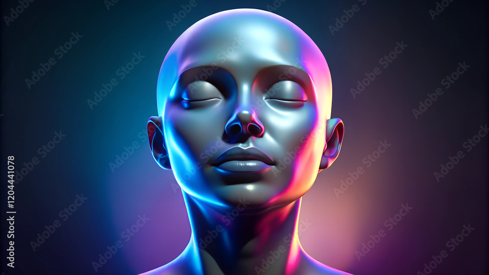 3D Illustration of a Female Face in a Futuristic Style. 3d rendering of a female head with closed eyes in colorful neon light. Neon sculpture of a woman's face. 3d illustration. 3D Illustration of a Female Face in a Futuristic Style. 3d rendering of a female head with closed eyes in colorful neon light. Neon sculpture of a woman's face. 3d illustration.