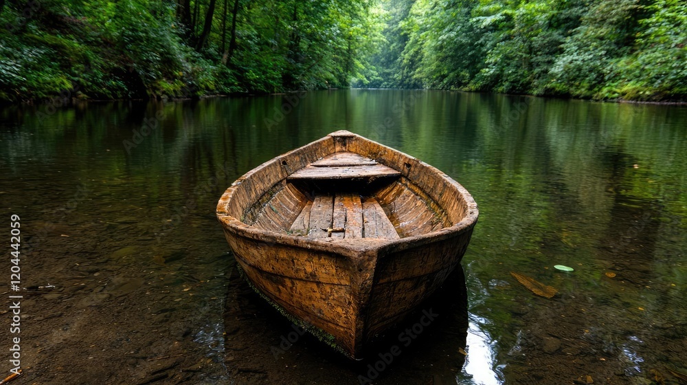 Wooden rowboat on calm river in lush forest Wooden rowboat on calm river in lush forest