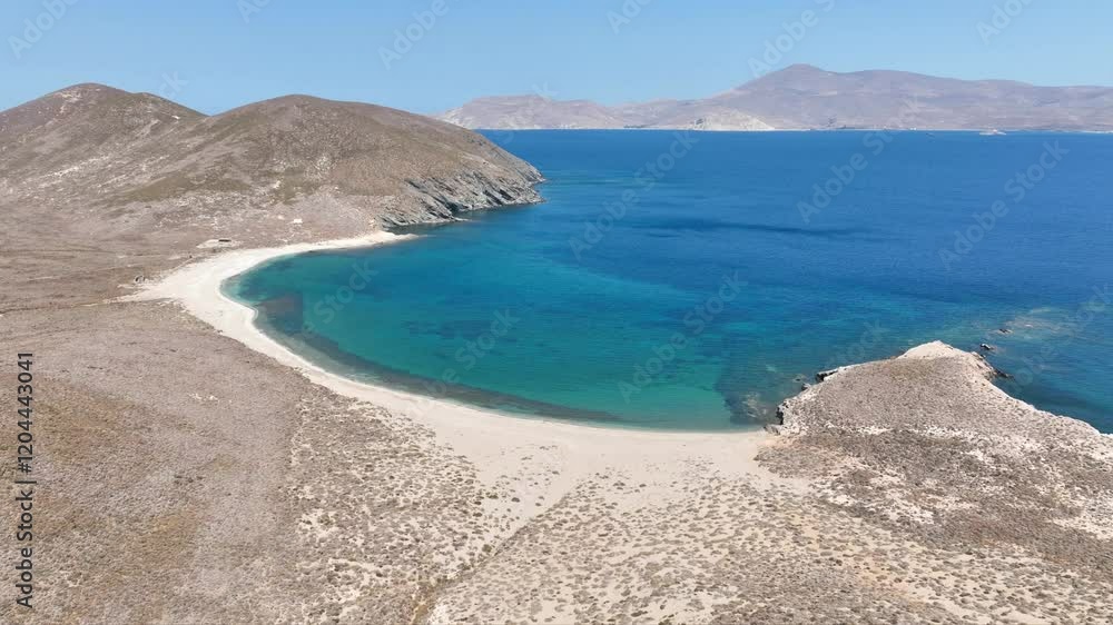 Aerial drone cinematic video of secluded paradise sandy beaches and natural sand dunes in inhabited small island of Antipsara, North Aegean sea, Greece