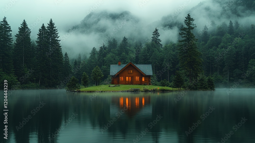 Fototapeta premium Tranquil lakeside cabin illuminated at dusk, surrounded by misty mountains and lush forests