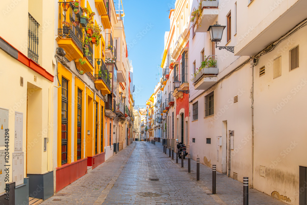 Fototapeta premium A narrow street of traditional whitewashed and brightly painted buildings in the downtown district of the Andalusian city of Seville, Spain.