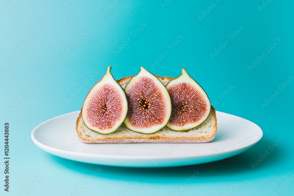 Minimalist design of fig slices on toast against blue background for culinary art Minimalist design of fig slices on toast against blue background for culinary art