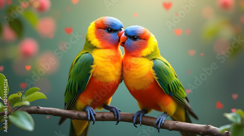 deux Oiseaux inséparables représentant l'amour sur une branche entourés de coeurs en vol  photo