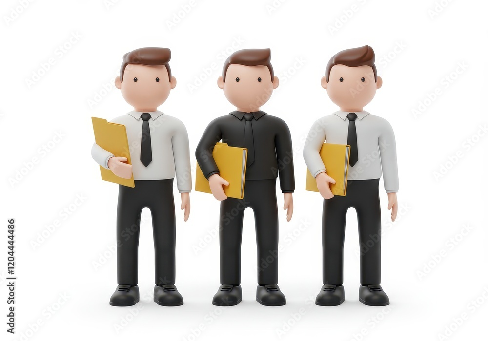 A 3D illustration of three professional characters standing together dressed in formal attire isolated on white background A 3D illustration of three professional characters standing together dressed in formal attire isolated on white background