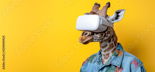 Giraffe with VR Headset on Yellow Background: Funny Animal with Virtual Reality Headset and Hawaiian Jeans Shirt on Vibrant Yellow Backdrop - Banner with Copy Space