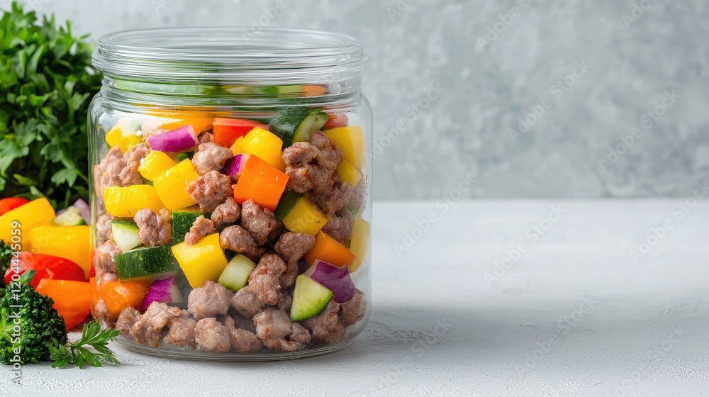 Meal prep ground meat and chopped vegetables in a jar. Meal prep ground meat and chopped vegetables in a jar.