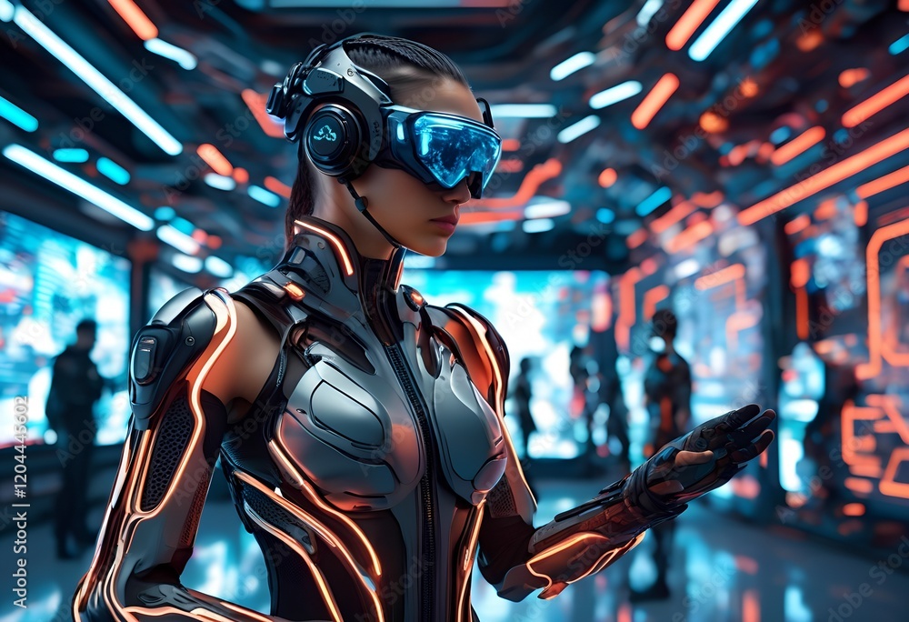 A person in advanced body armor with glowing accents interacts with virtual reality equipment in a high-tech setting filled with vibrant lights. The environment suggests innovation and technology. A person in advanced body armor with glowing accents interacts with virtual reality equipment in a high-tech setting filled with vibrant lights. The environment suggests innovation and technology.