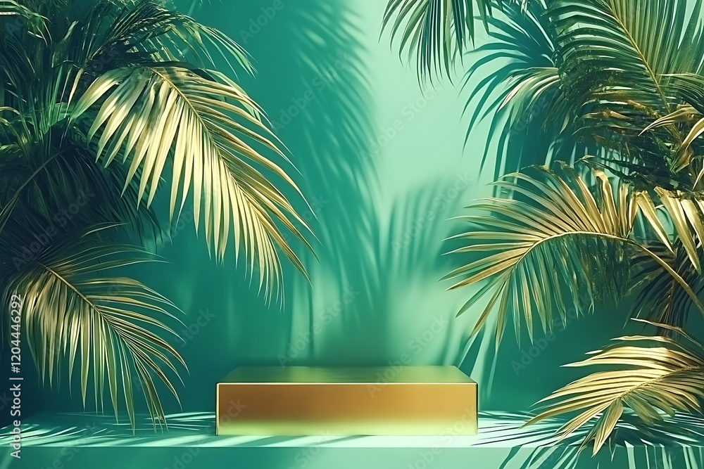Golden Podium Display with Tropical Leaves Golden Podium Display with Tropical Leaves