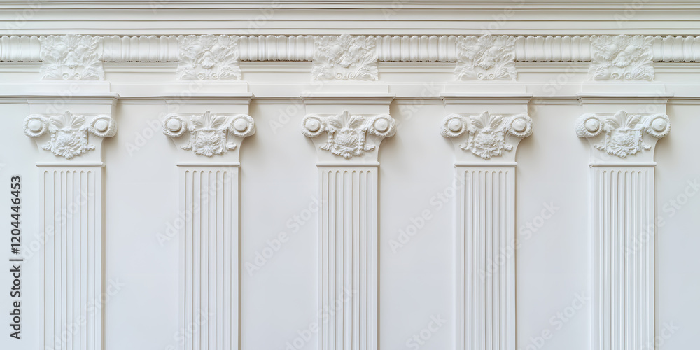 Obraz premium Elegant white wall with ornate pillars and molding. Classic architectural detail perfect for design projects or backgrounds.