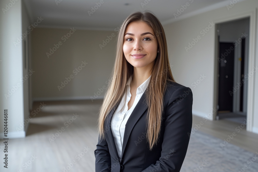 A beautiful female real estate agent with an empty modern apartment in the background