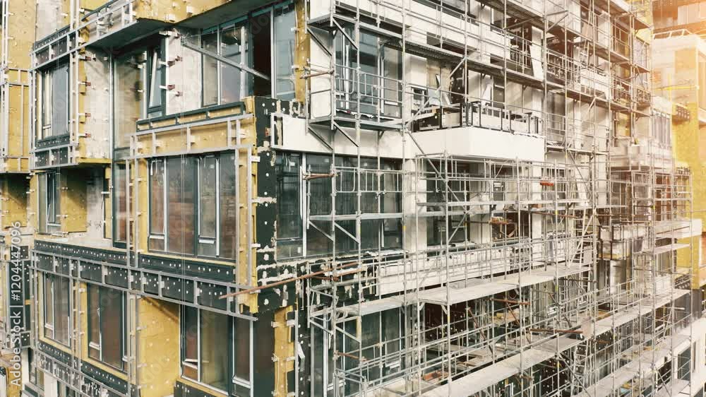 Construction of a modern residential building with scaffolding in an urban environment during daylight hours Construction of a modern residential building with scaffolding in an urban environment during daylight hours