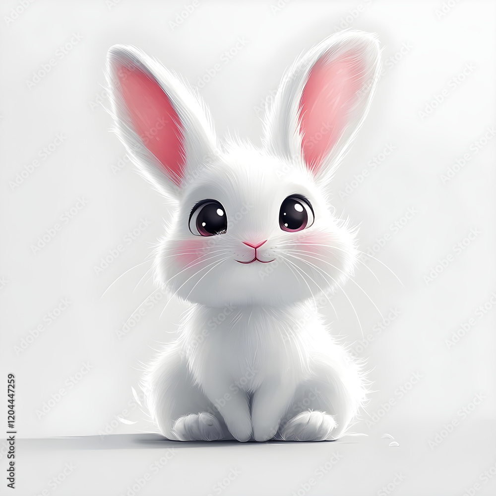 Obraz premium Adorable white fluffy bunny sitting on white background