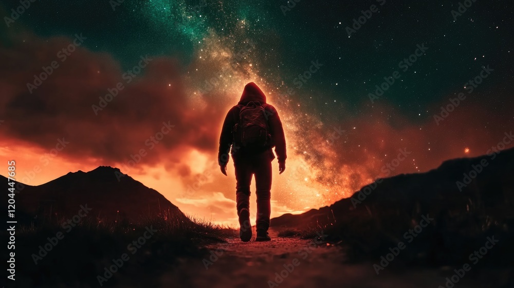 Obraz premium Silhouetted figure under starry night sky with glowing horizon