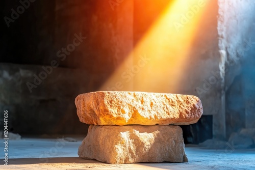 Sunlight illuminating ancient stone altar in a sacred temple setting