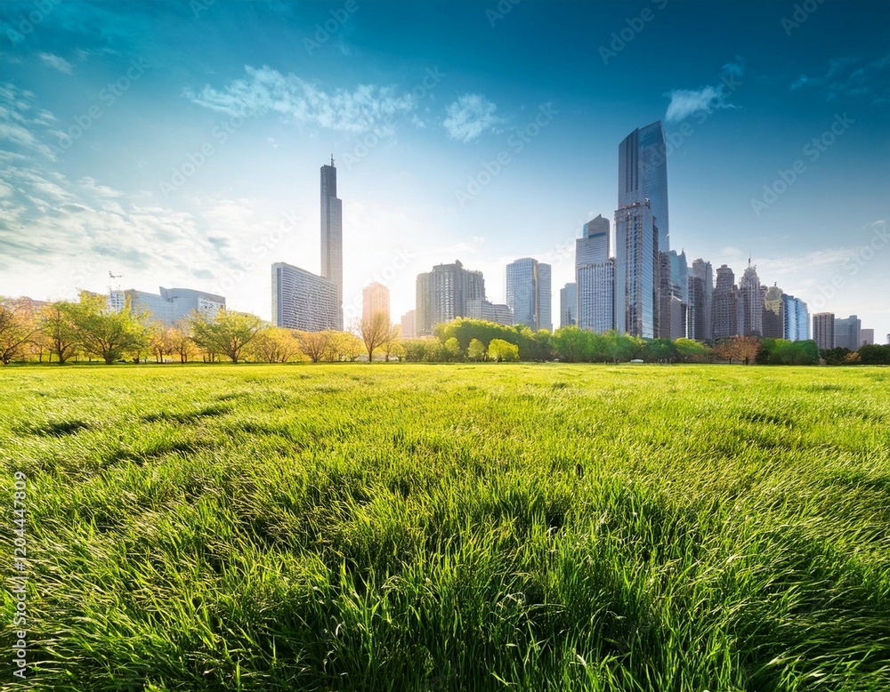 Fototapeta premium city skyline above vibrant spring meadow nature meets urban life