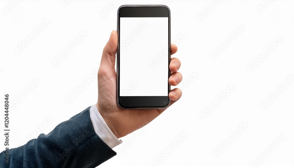 A close-up image of a hand holding a smartphone with a blank screen, isolated against a clean white background, emphasizing simplicity and versatility for various uses. A close-up image of a hand holding a smartphone with a blank screen, isolated against a clean white background, emphasizing simplicity and versatility for various uses.