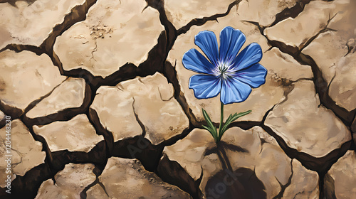 Eternal hope: a blue flower blooming through cracks in arid soil, symbolizing resilience and enduring spirit in quiet strength. Desert Bloom. Illustration