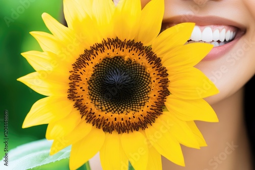 Smiling woman with sunflower: bright yellow petals and cheerful vibe