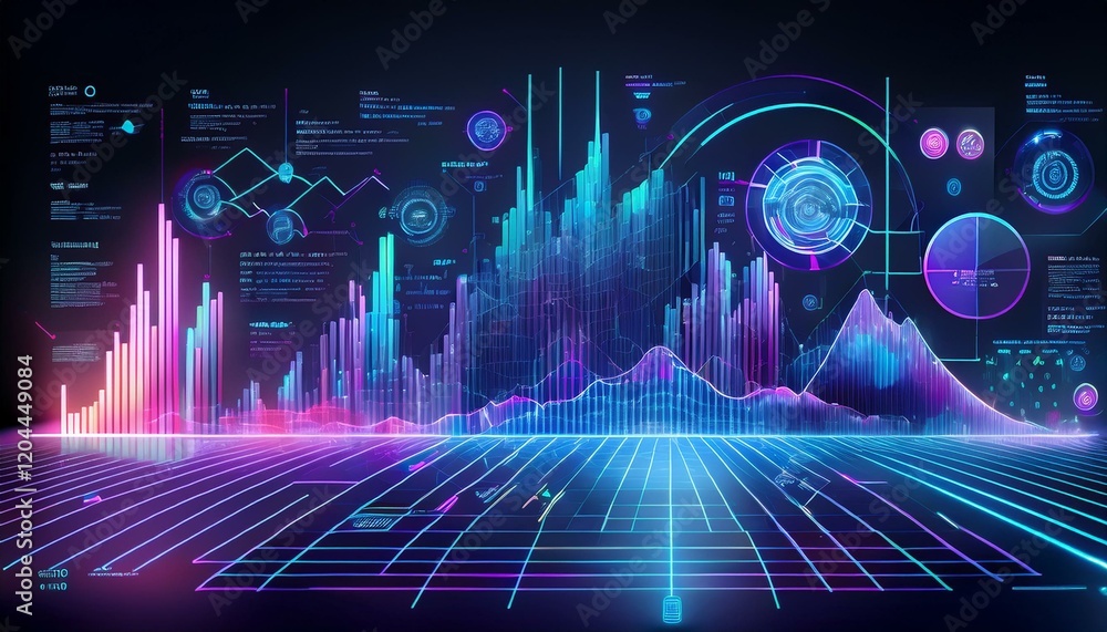 Fototapeta premium A futuristic digital interface featuring holographic elements, showcasing advanced data analytics with interactive graphs, charts, and glowing visuals in a high-tech setting