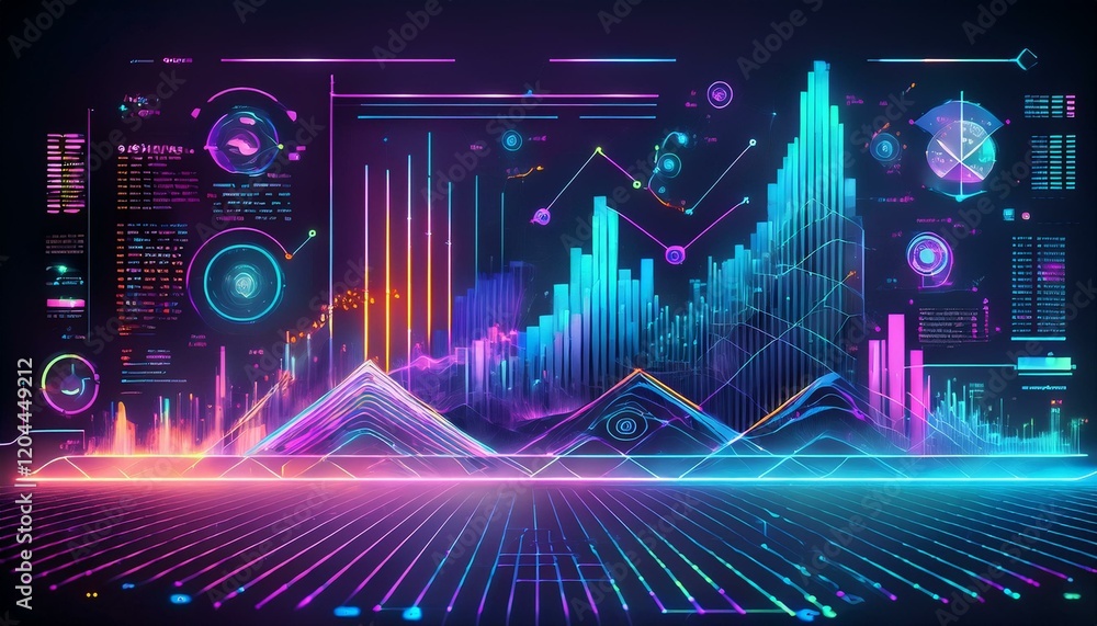 Obraz premium A futuristic digital interface featuring holographic elements, showcasing advanced data analytics with interactive graphs, charts, and glowing visuals in a high-tech setting