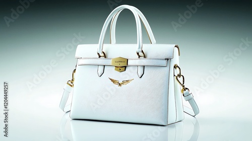 White handbag with gold accents on reflective surface photo