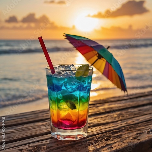 Colorful Tropical Cocktail Photograph at Sunset on the Beach with Ocean View and Umbrella Drink photo