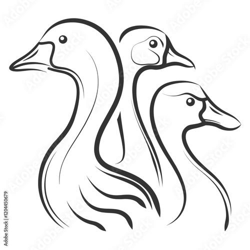 Minimalist line art of three ducks in black and white