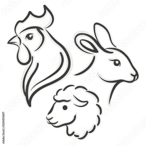 Minimalist line art of a chicken, rabbit, and sheep in black and white