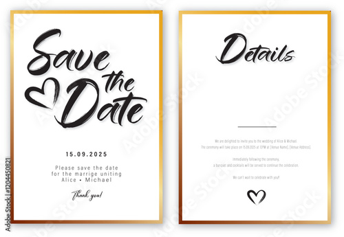 Wedding Invitation Save the Date Card Vector Template Gold and Elegant with Handdrawn Text