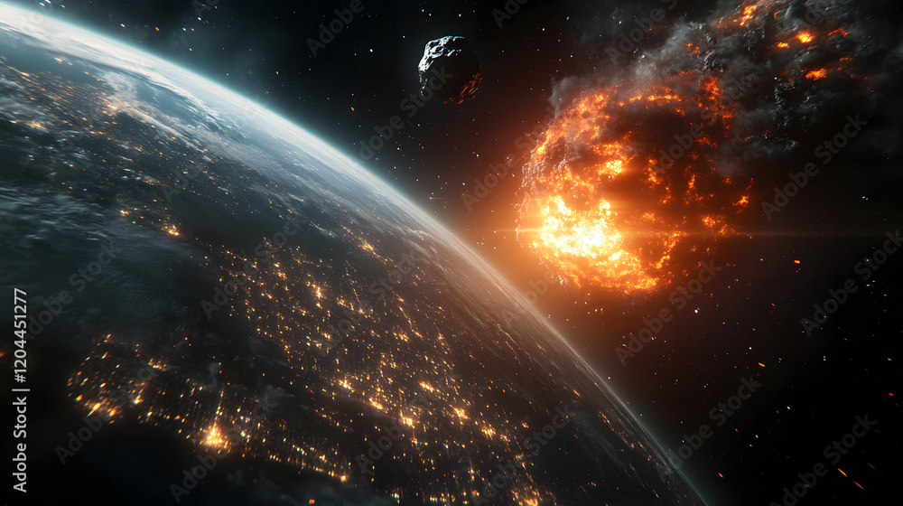Planet Earth Impacted by Asteroid with Fiery Explosion in Space Planet Earth Impacted by Asteroid with Fiery Explosion in Space