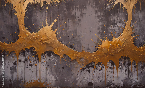 The painting is a splash of gold and brown paint on a wall. The gold paint is splattered in a way that creates a sense of movement and energy. The brown paint adds depth and contrast to the gold photo