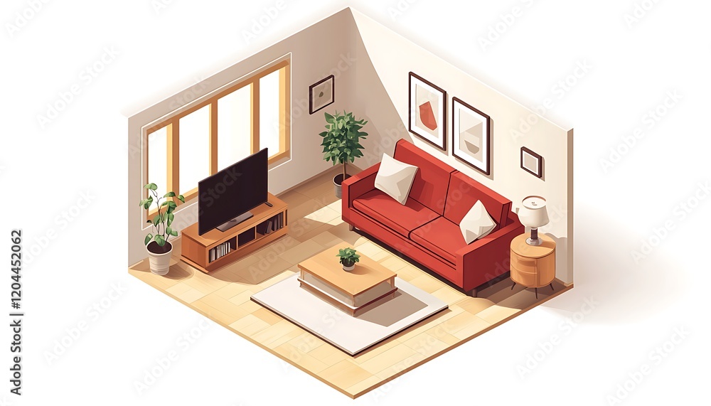 A minimalistic isometric vector of a living room, focusing on essential design elements and clean lines in a modern home A minimalistic isometric vector of a living room, focusing on essential design elements and clean lines in a modern home