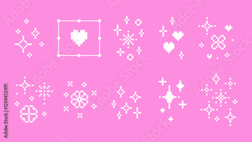 Glitter pixel art icons with Star, Heart, Flower. Mood of 90s aesthetics. Y2k sparkle emoji set. 8 bit retro style editable vector illustration. Simple geometric shape. Game abstract white elements